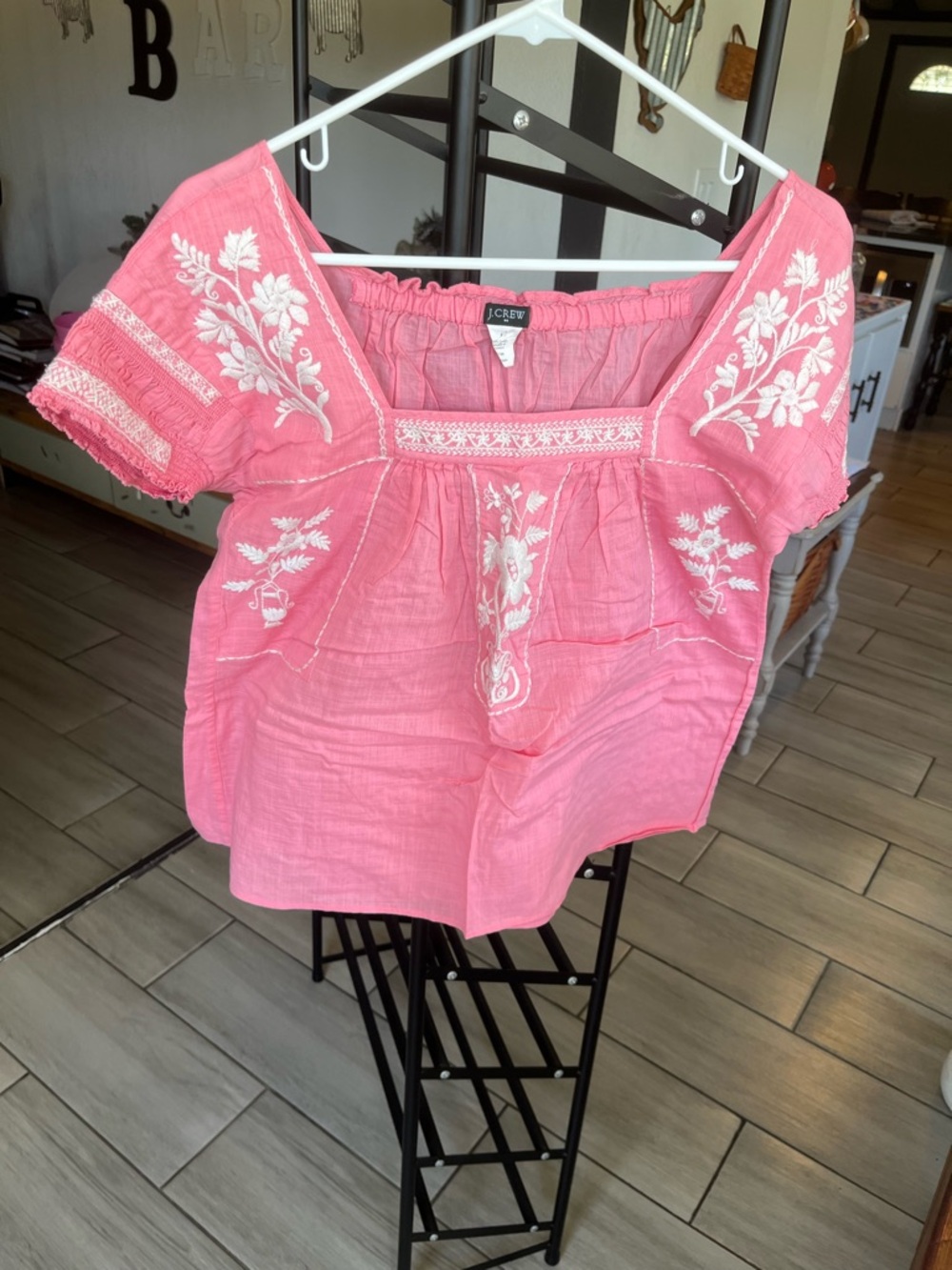 J. Crew Pink Floral Embroidered Peasant Blouse